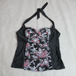 Coco Beach Tankini Swimsuit Top Womens Sz XL Black Floral Halter Pool Vacation